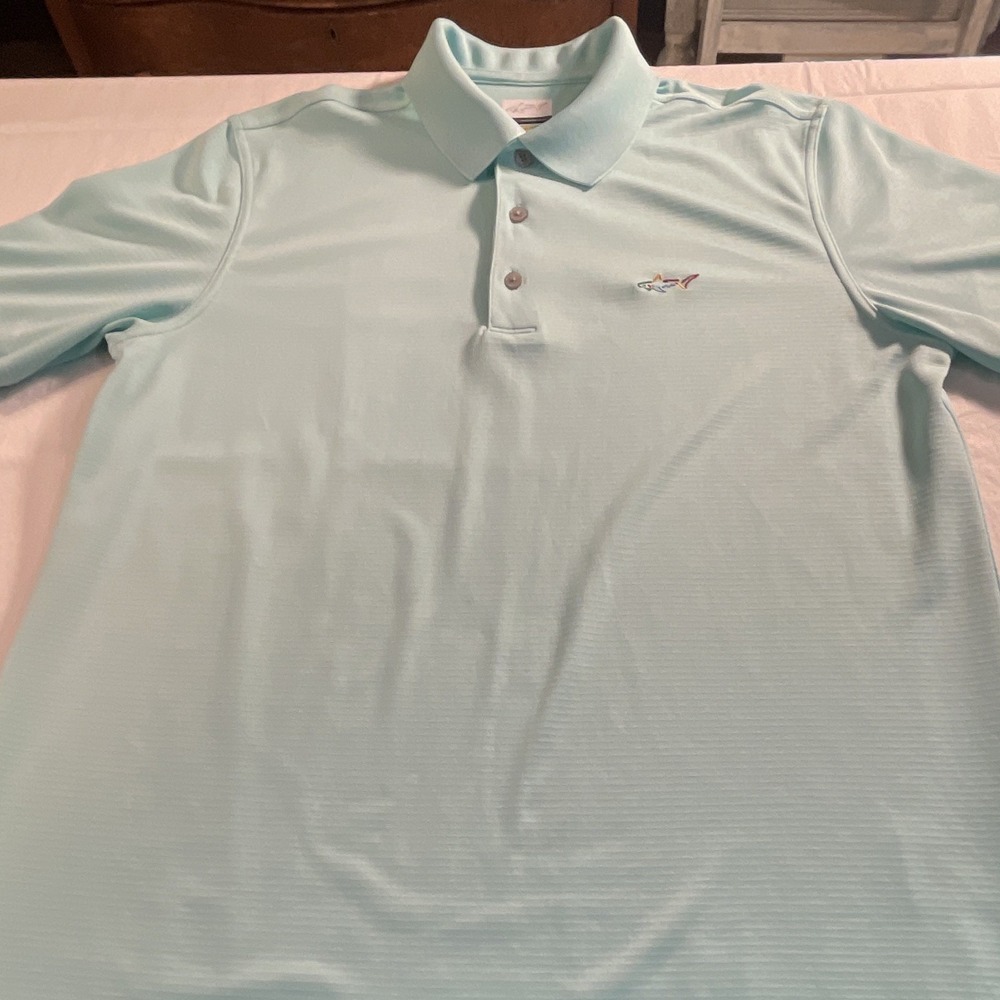 Greg Norman Play Dry Men's Light Blue Solid Logo Polo Shirt M Short Sleeve Knit